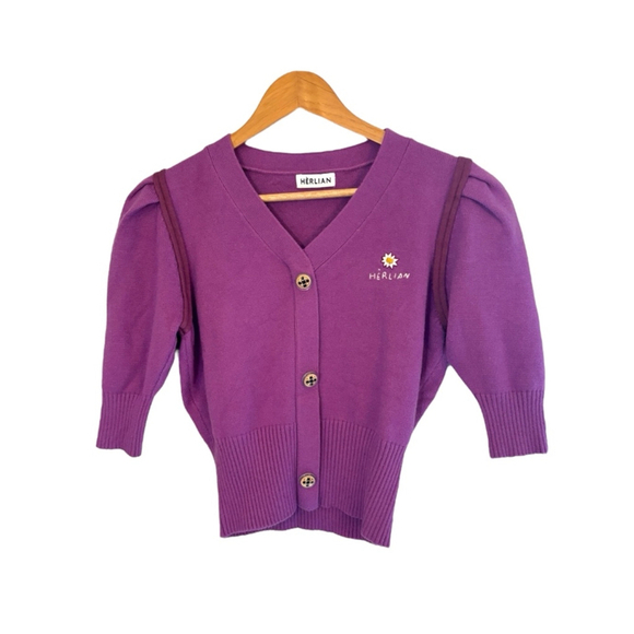 Herlian Knit Purple Short Sleeve Button Up Cardigan Sweater Women’s Size Large - Picture 9 of 9